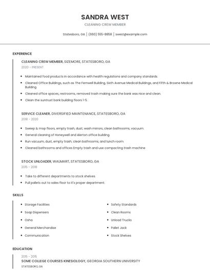Cleaning Crew Member Resume