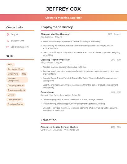 Cleaning Machine Operator Resume