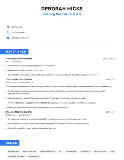 Cleaning Machine Operator Resume