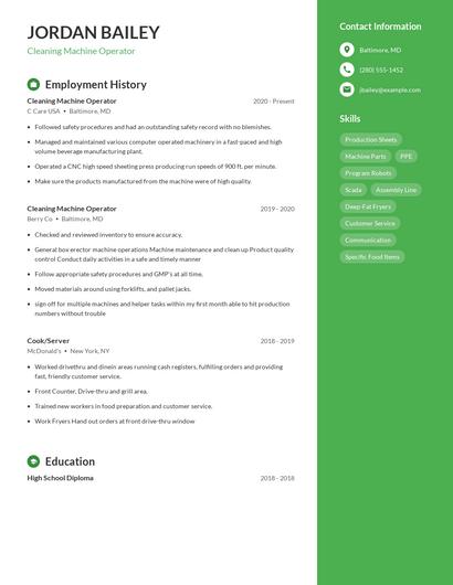 Cleaning Machine Operator Resume