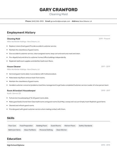 Cleaning Maid Resume