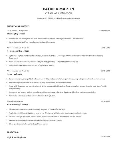 Cleaning Supervisor Resume