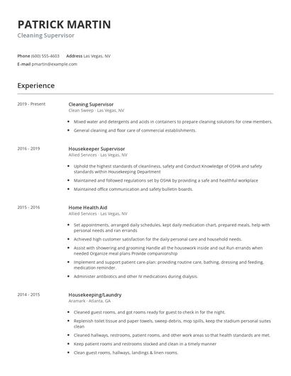 Cleaning Supervisor Resume