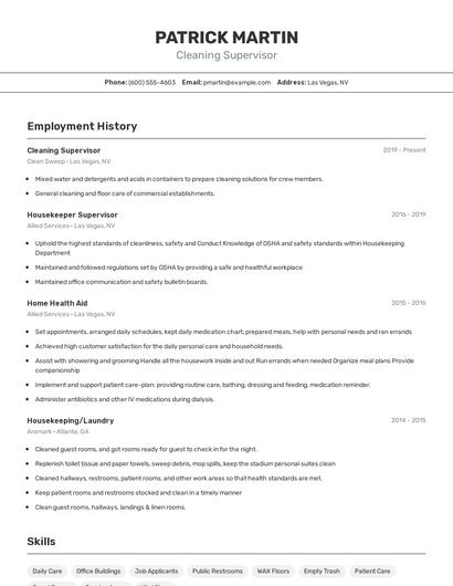 Cleaning Supervisor Resume