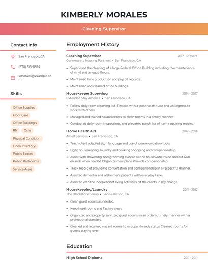 Cleaning Supervisor Resume