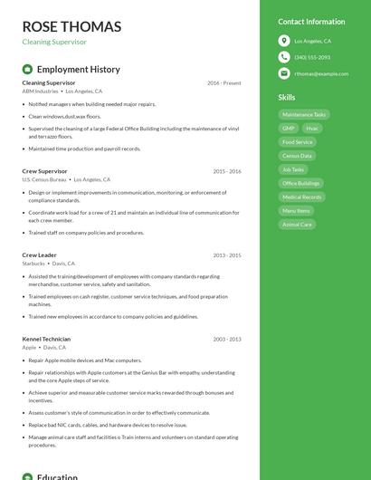 Cleaning Supervisor Resume