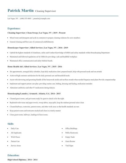 Cleaning Supervisor Resume