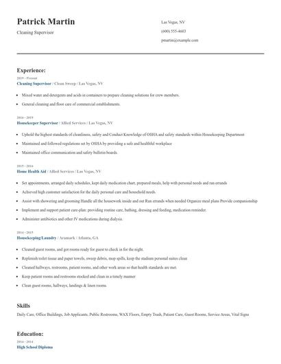 Cleaning Supervisor Resume