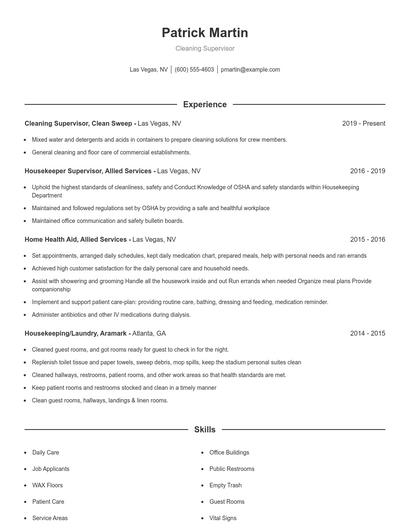 Cleaning Supervisor Resume