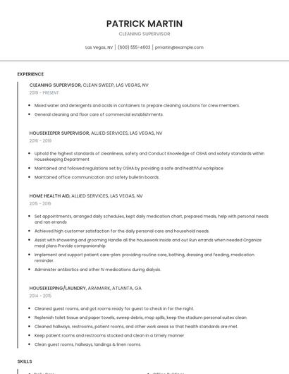 Cleaning Supervisor Resume