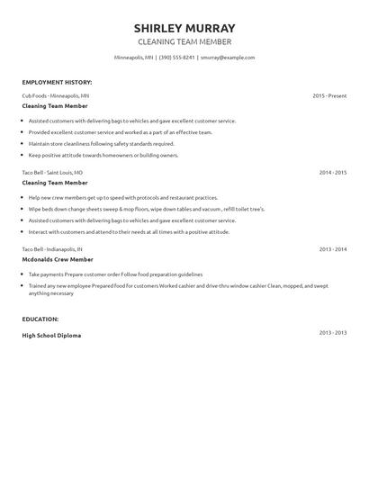 Cleaning Team Member Resume