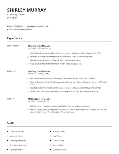 Cleaning Team Member Resume