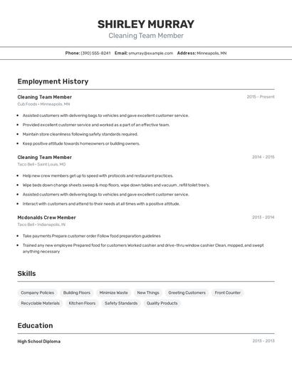 Cleaning Team Member Resume