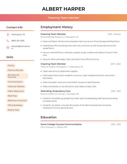 Cleaning Team Member Resume