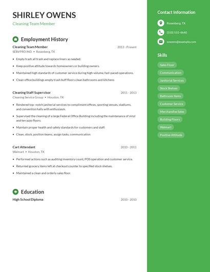 Cleaning Team Member Resume