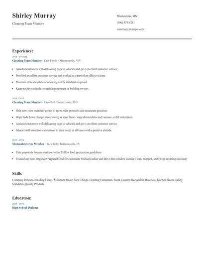 Cleaning Team Member Resume