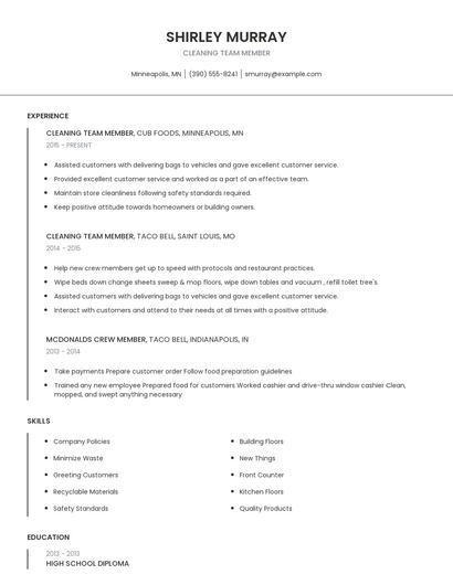 Cleaning Team Member Resume