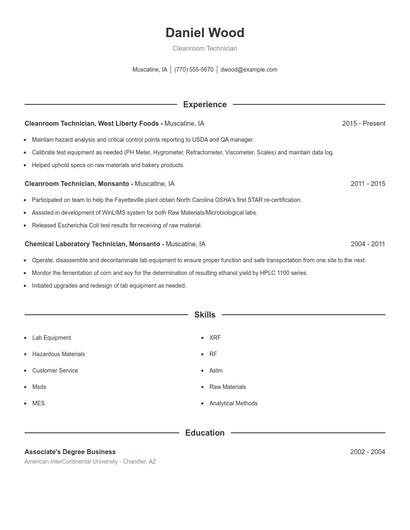 Cleanroom Technician Resume