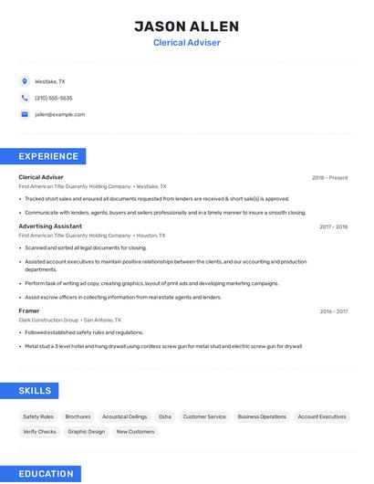 Clerical Adviser Resume