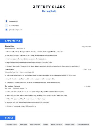 Clerical Aide Resume