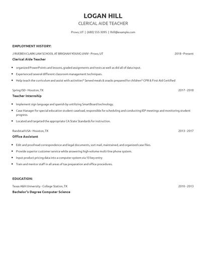 Clerical Aide Teacher Resume