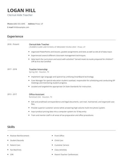Clerical Aide Teacher Resume