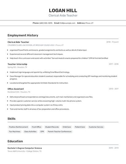 Clerical Aide Teacher Resume