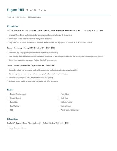 Clerical Aide Teacher Resume
