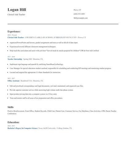 Clerical Aide Teacher Resume
