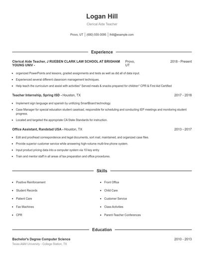 Clerical Aide Teacher Resume