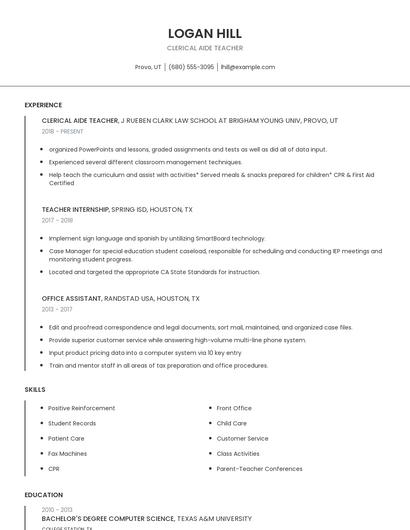 Clerical Aide Teacher Resume