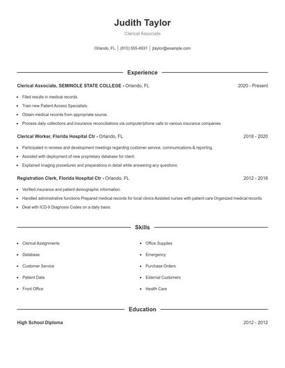 Clerical Associate Resume