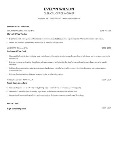 Clerical Office Worker Resume