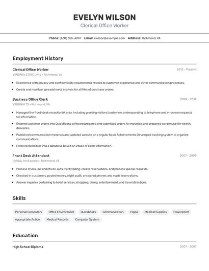 Clerical Office Worker Resume