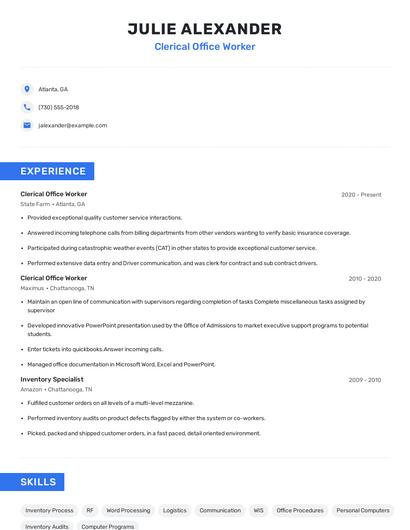 Clerical Office Worker Resume