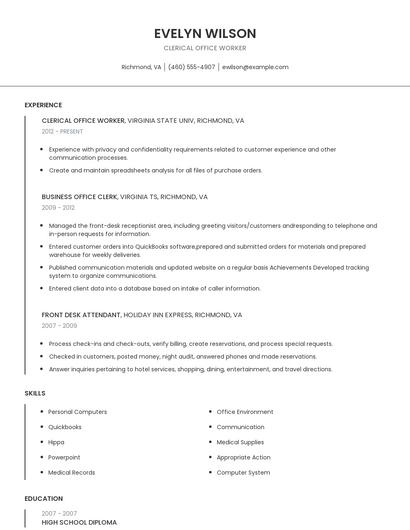 Clerical Office Worker Resume