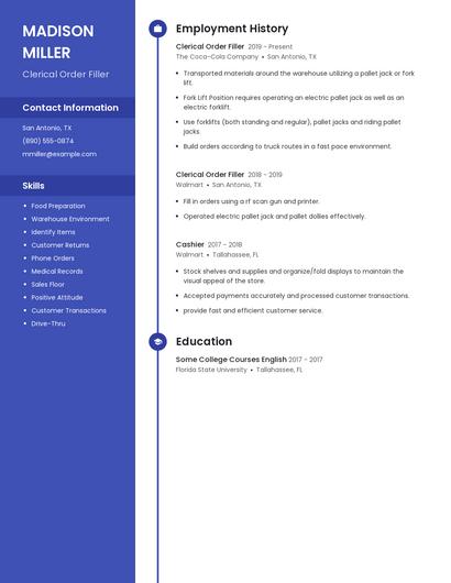 Clerical Order Filler Resume