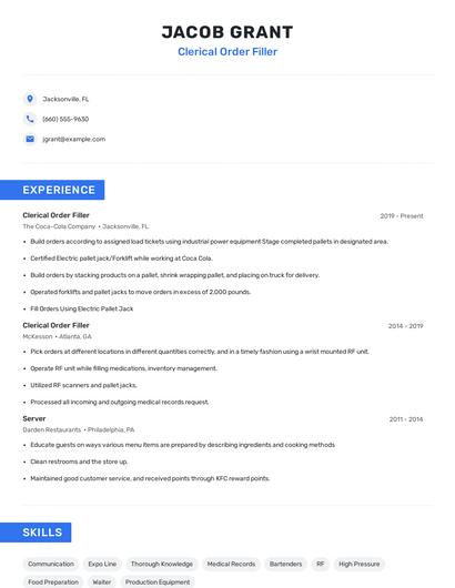Clerical Order Filler Resume