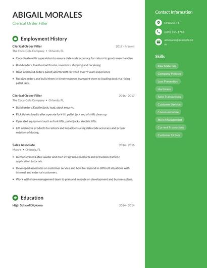 Clerical Order Filler Resume