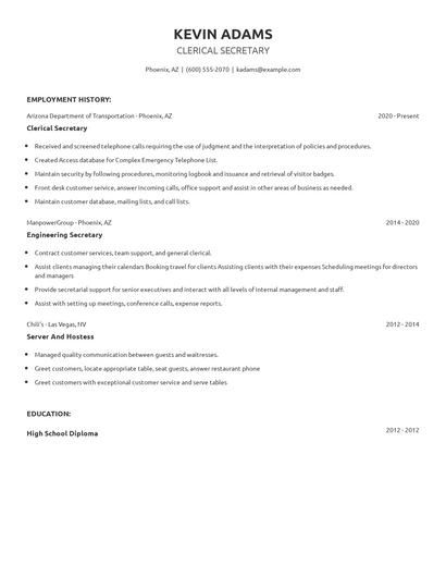 Clerical Secretary Resume