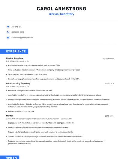 Clerical Secretary Resume