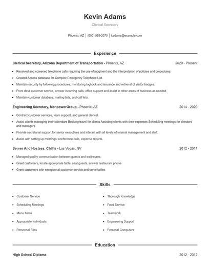 Clerical Secretary Resume