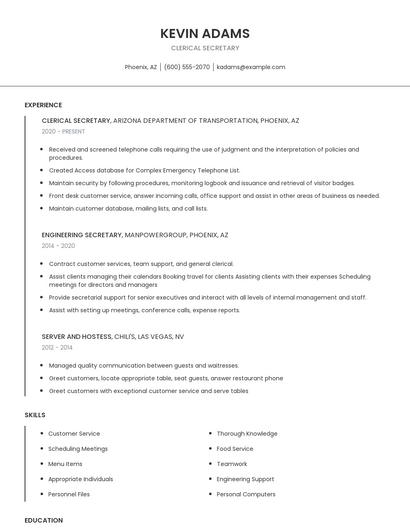 Clerical Secretary Resume