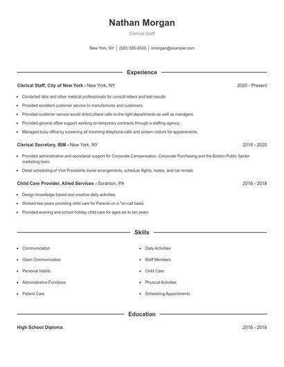 Clerical Staff Resume