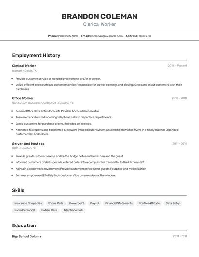 Clerical Worker Resume