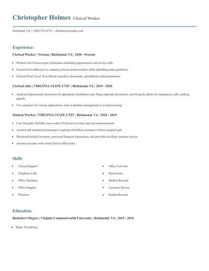 Clerical Worker Resume