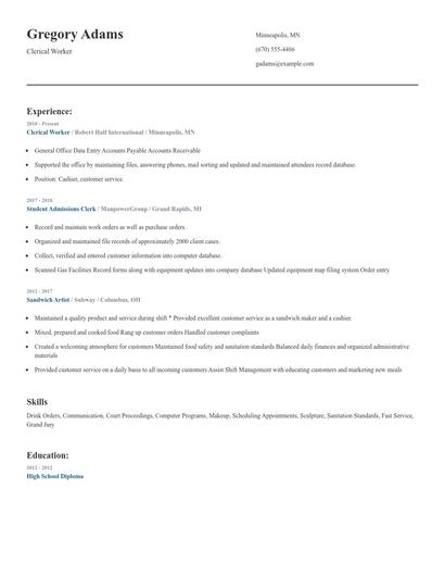 Clerical Worker Resume