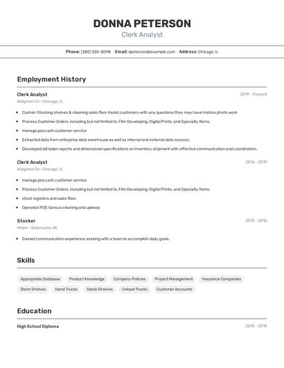 Clerk Analyst Resume