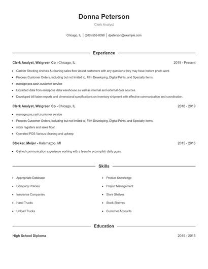 Clerk Analyst Resume