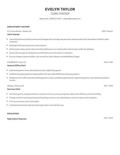 Clerk Checker Resume